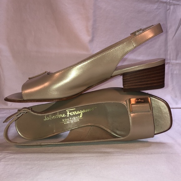 Salvatore Ferragamo “Balzac” Gazella/Gold Satin Finish Calf, 1.5” Heel, Open Toe - Picture 13 of 15